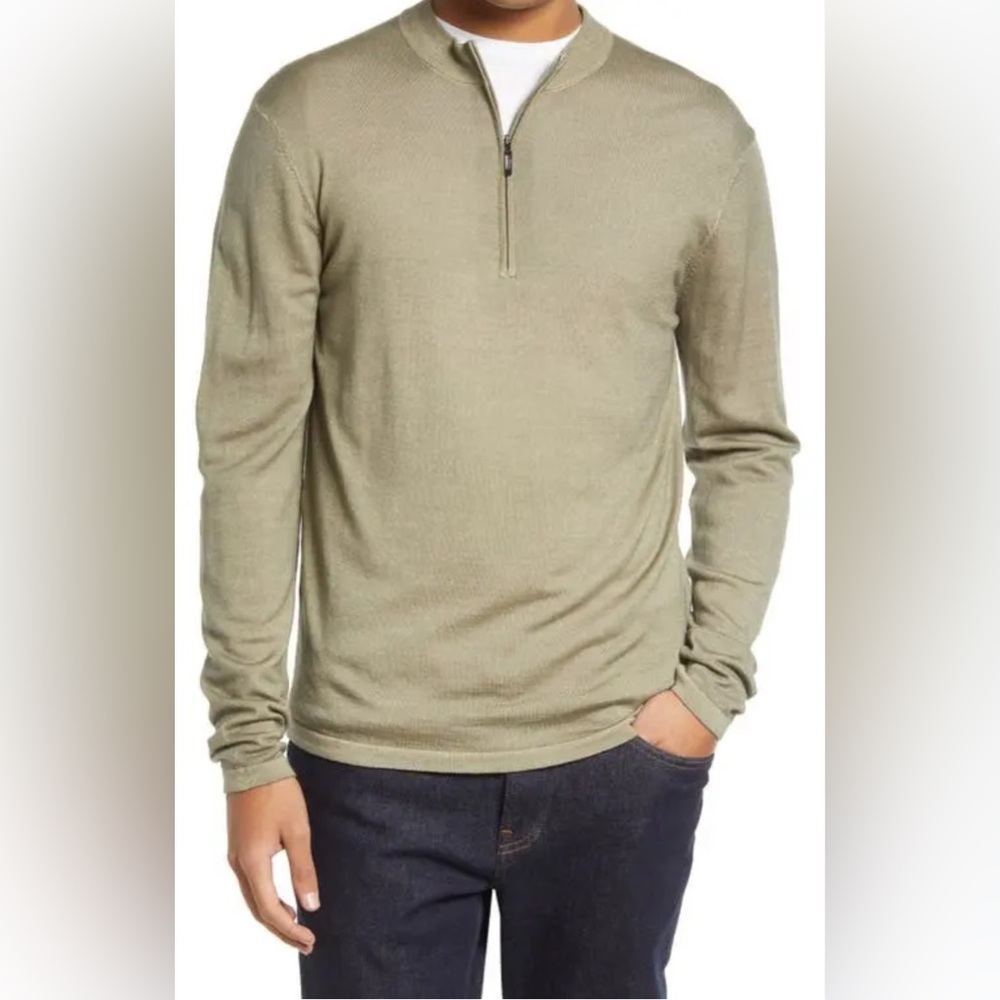 ROBERT BARAKETT 🇨🇦 100% Merino Wool 'Newbury' Quarter Zip Sweater in Olive XL